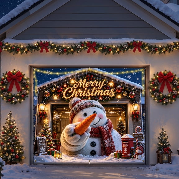 Roylvan 7x8ft Christmas Garage Door Cover, Outdoor Lighted Garage Decor | Timer LED String Lights & 8 Lighting Modes, 12 Metal Grommets and Hooks, 9.84 ft Cord for Xmas Holiday Decor, Snowman Carrot