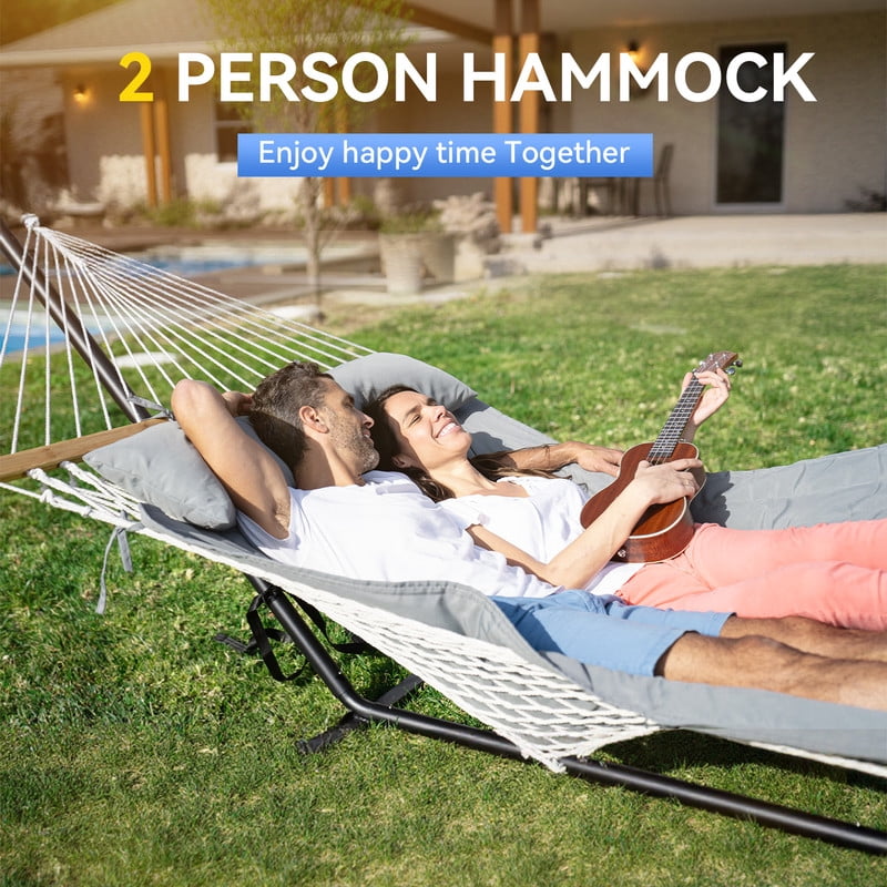 MIHOVER Heavy Duty Double Hammock with Stand - 500 lbs Capacity, Easy Setup & Detachable Pillow  - Gray