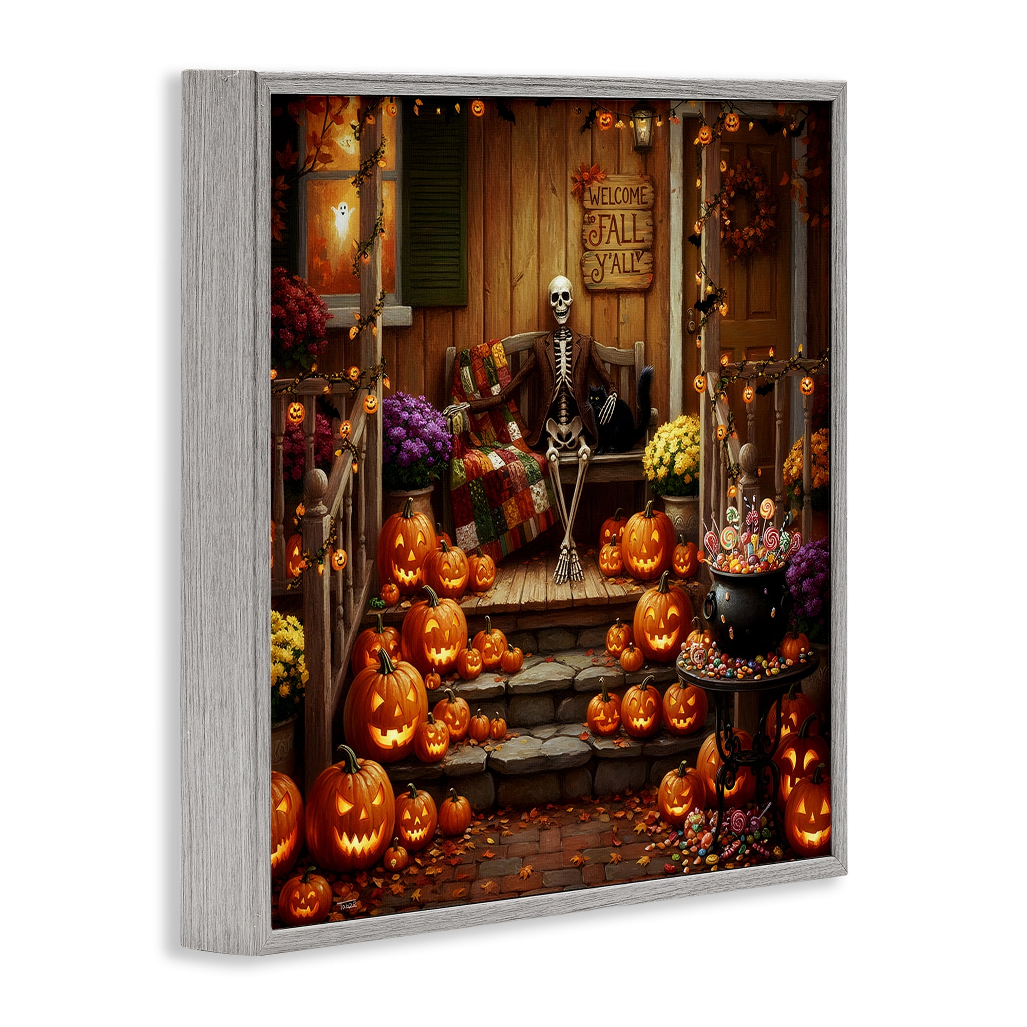 Stupell Industries Welcome To Fall Skeleton Porch Gray Framed Giclee Art, design by Tabz Jones
