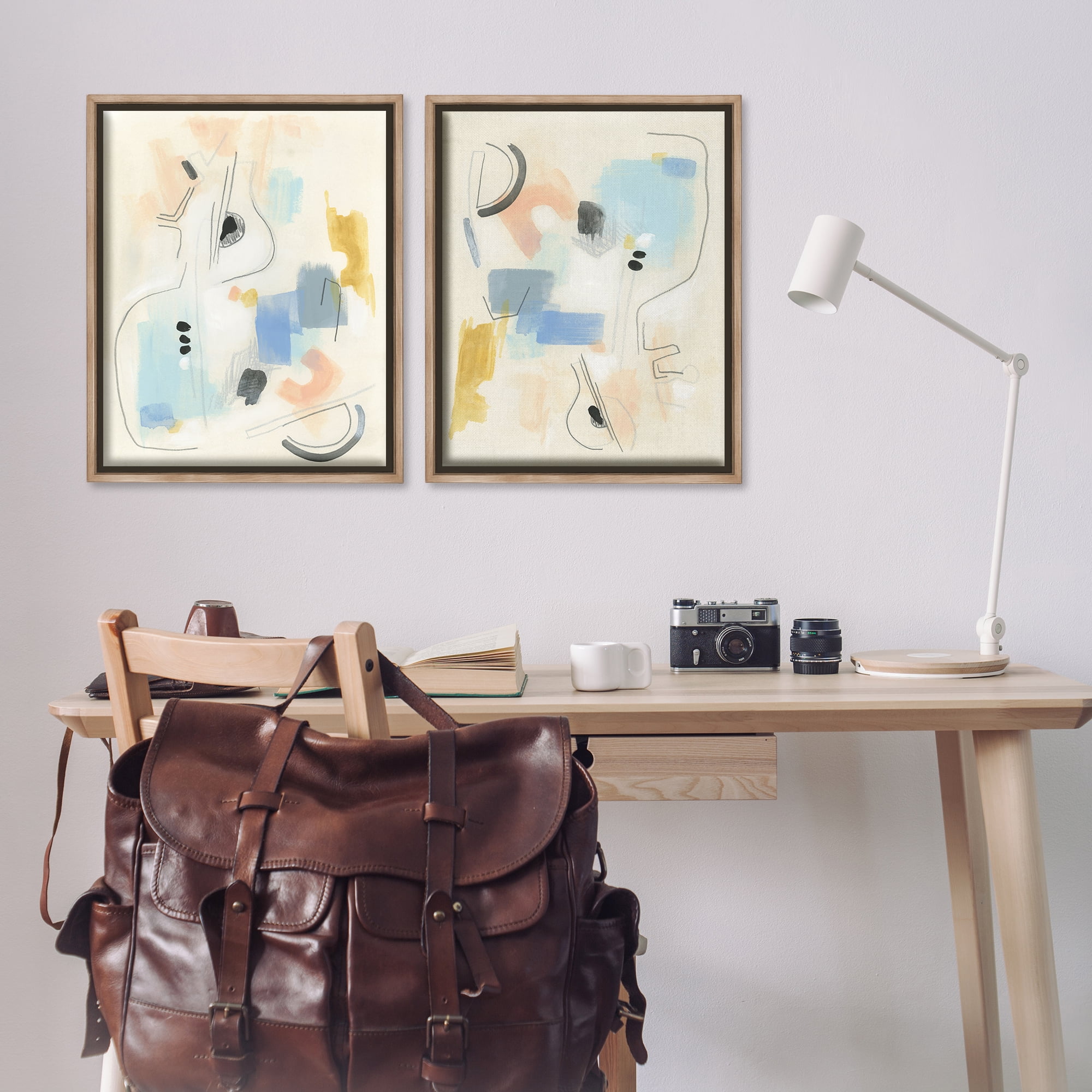 Stupell Industries Pastel Shapes Lines Patches Abstract Painting Brown Floater Framed Canvas Art Print Wall Art, 31 x 25, Set of 2