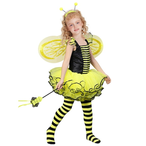 IKALI Girls Bumble Bee Costume with Wings, Fairy Fancy Dress Up Honeybee Yellow Skirt Outfit for Halloween 3-8Years