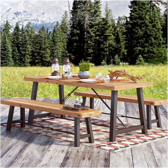 JERFIT 3-Piece Outdoor Dining Set with Table and Benches, Acacia Wood Picnic Set for Patio Garden Backyard, Teak Finish, Seating for 4