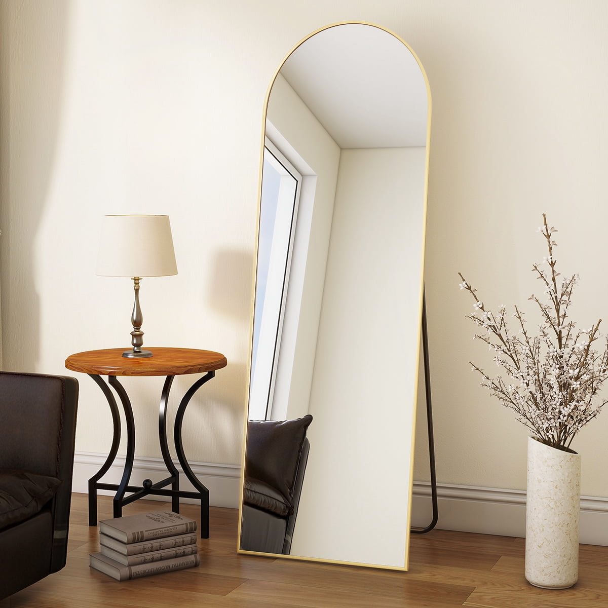 Lumora 56"x15" Free Standing Arched Floor Mirror Full Length Wall Mounted Mirror, Gold