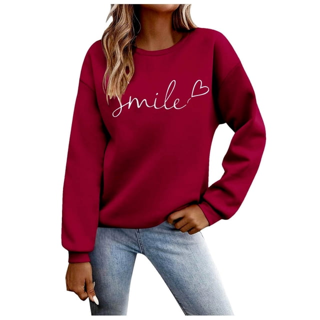 Amzcrzy Chandails en Molleton pour Femmes Mode Imprimé Sourire Col Rond Chandail en Molleton Décontracté Manches Longues pour Femmes Automne Pull Ample Chandail en Molleton