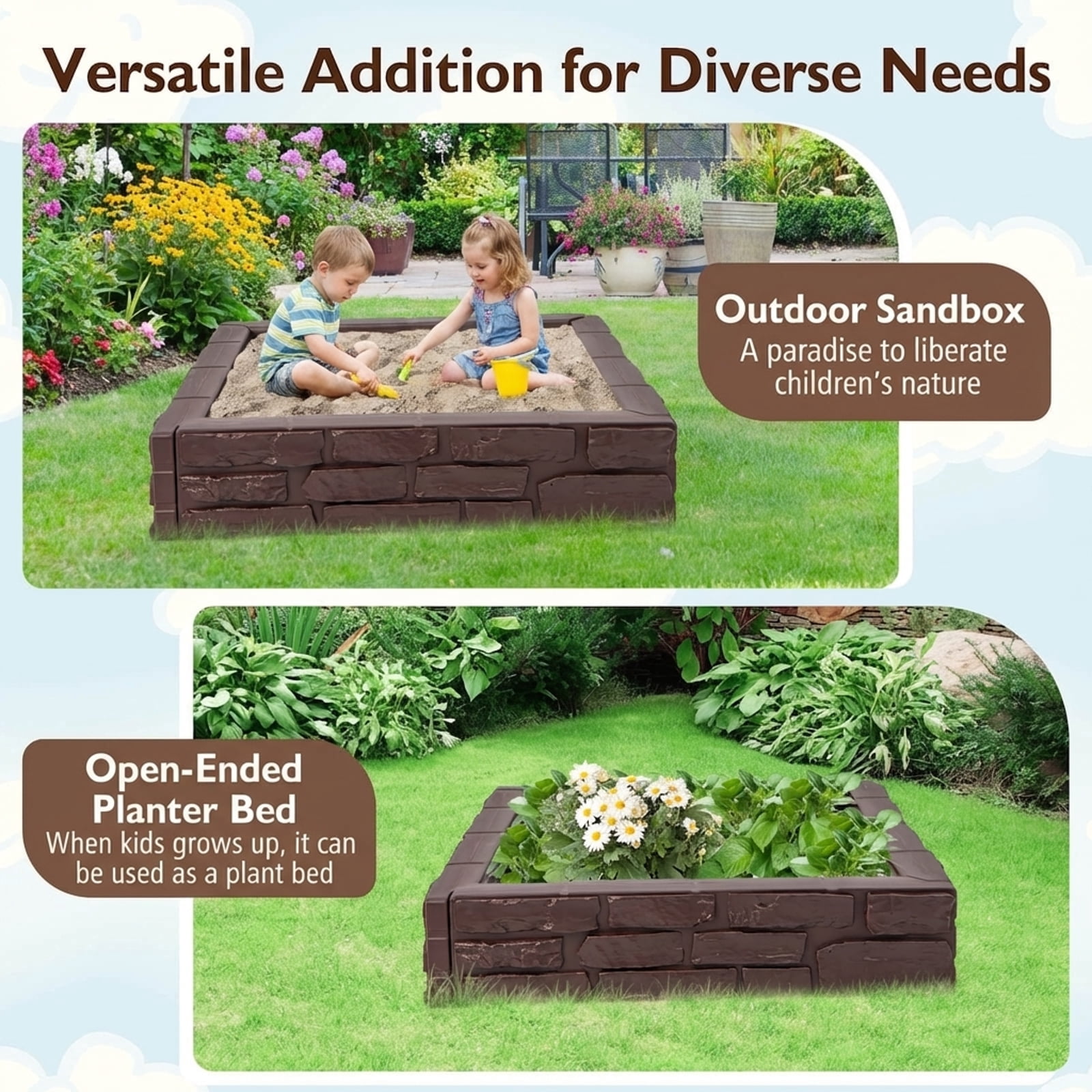 Redsmile Kids Sandbox with Cover, 47x47 Inch Square Sand Box,HDPE Large Sand Box with Bottom Liner for Outdoor Backyard, Beach, Park, Gift for Boys Girls,Brown