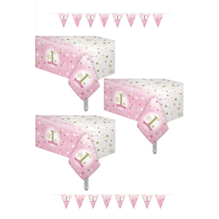 

3 Pack 1st Birthday Girl Table Cloth Size 54 x 108 Includes 2 Pennant Banners 6.56 Feet Each Ideal for 1st Birthday Girl tablecover Party Decorations