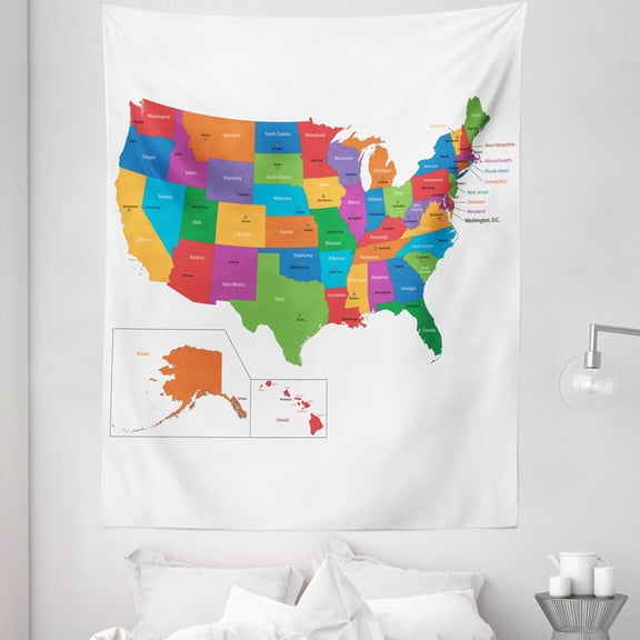 Colorful Tapestry, Colorful USA Map with States and Capital Cities America Florida Indiana Print, Fabric Wall Hanging Decor for Bedroom Living Room Dorm, 5 Sizes, Multicolor, by Ambesonne