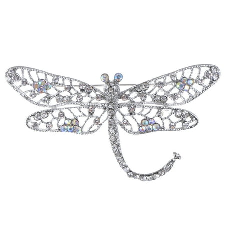 Tone Iridescent Clear Crystal Rhinestone Dragonfly Flying Insect Brooch Pin