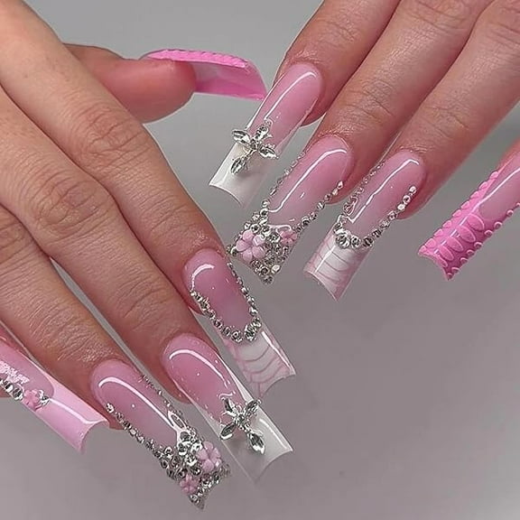 WEEKS Press on Nails Long Square Fake Nails Glossy Glue on Nails Pink French Tip Acrylic Nails Squoval Artificial Nails Rhinestone Stick on False Nails with Design 24 pcs