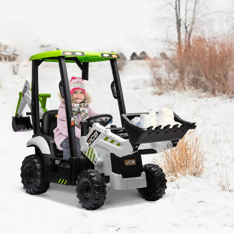 JCB Excavator Ride On Bulldozer 12V Battery Powered Construction Vehicles for Kids with Remote Control and Front Loader Music Player Backhoe Loader Ride On Large Digger White Walmart
