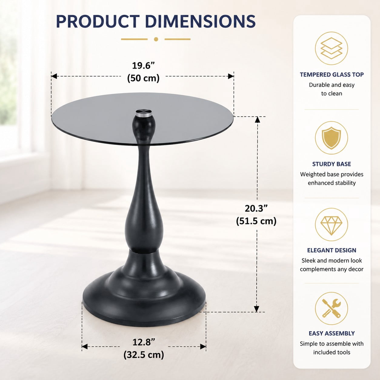 19.6" Round Side Table, Black Tempered Glass Top with Gray Metal Base, Modern End Table, Nightstand, Sofa Table for Living Room Bedroom