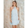 thumbnail image 6 of Womens Backless Halter Neck 3D Floral Applique Layered Ruffled Hem Short Mini Dress Party Wear Light Blue M, 6 of 9