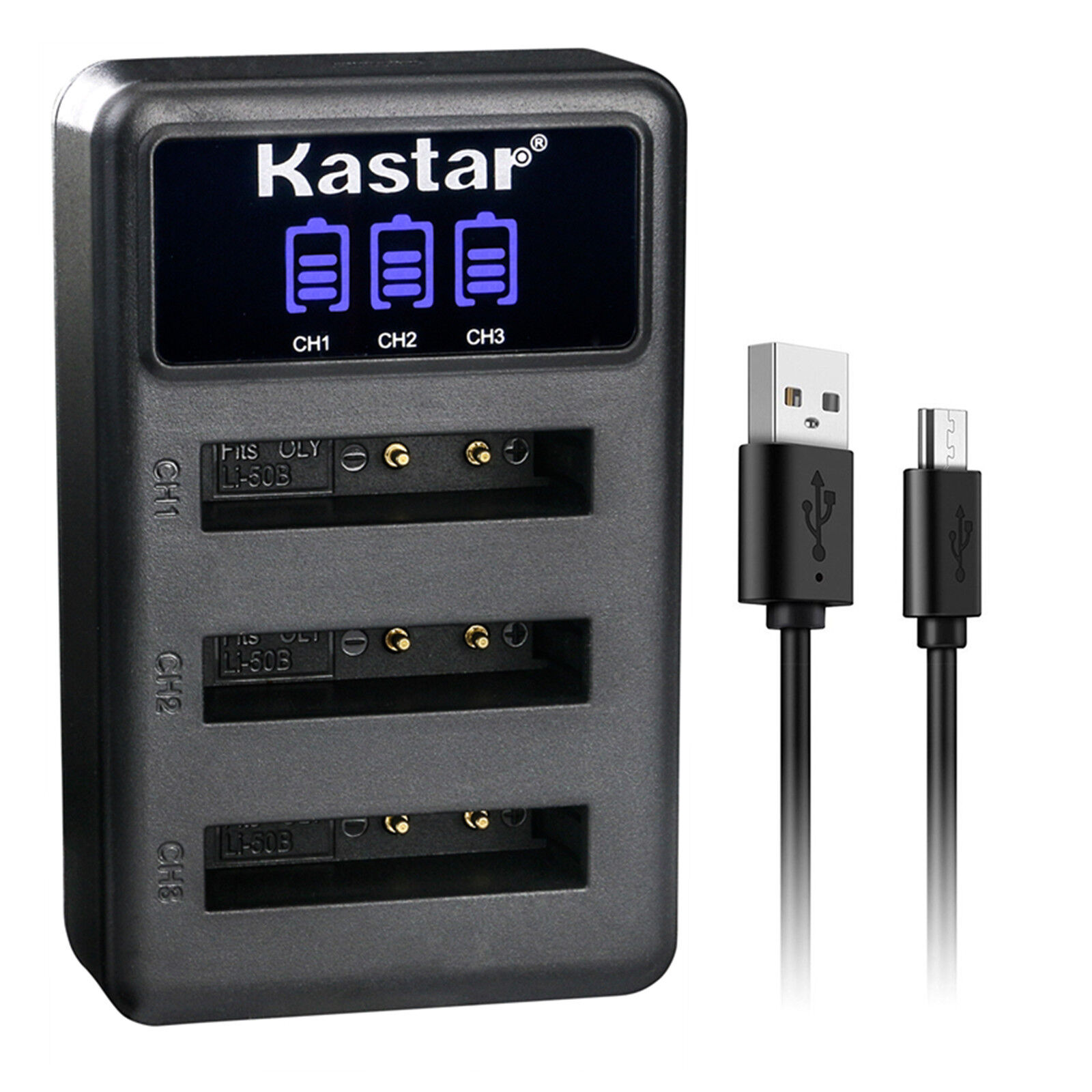 Kastar LCD Triple USB Battery Charger Compatible with Olympus Stylus 1030SW, Stylus 9000, Stylus 9010, SZ-10, SZ-11, SZ-12, SZ-14, SZ-15, SZ-16, SZ-20, SZ-25MR, SZ-30MR, SZ-31MR his - image 1 of 5