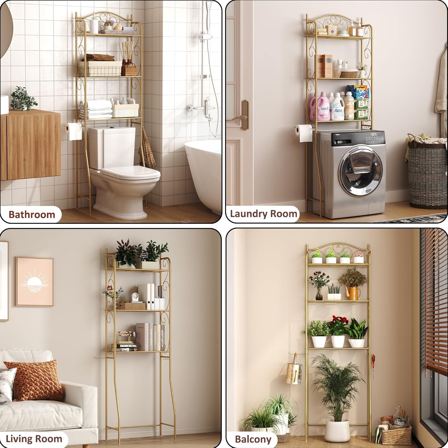 Over The Toilet Storage Shelf, 3-Tier Over Toilet Bathroom Organizer Rack, Freestanding Space Saver Toilet Stands with Hooks, Gold