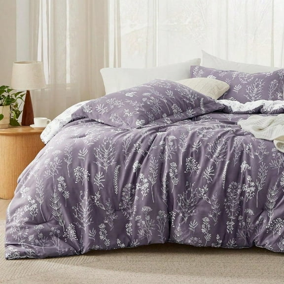 Queen Comforter Set Grayish Purple Bed Set 3 Pieces Cute Floral Bedding 1 Soft Reversible Botanical Flowers Comforter and 2 Pillow Shams