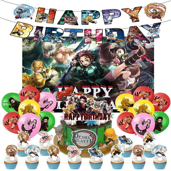 Demon Slayer Happy Birthday Decorations Set, Birthday Banner Background Board Table Decorations Hanging Party Decorations for Children