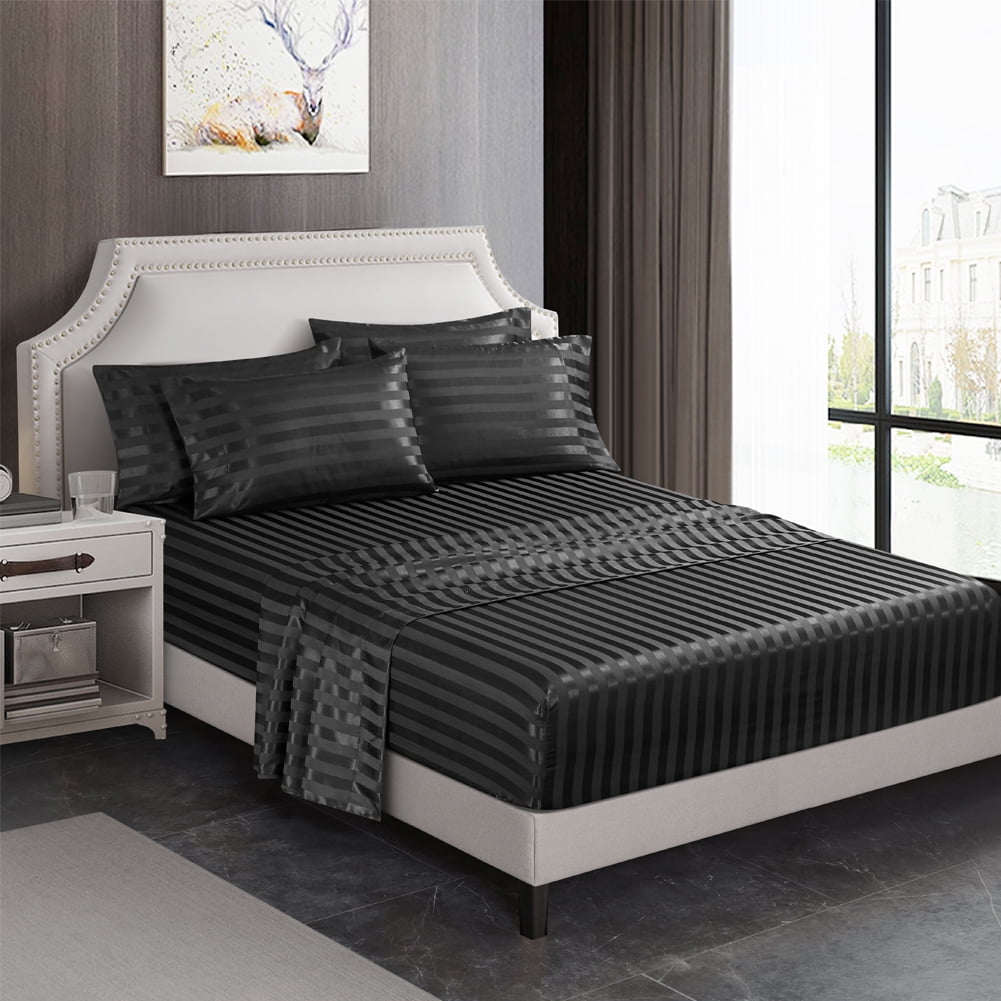 AiMay Italian Style  6 Piece Satin Bed Sheet Set Stripes Super Soft Deep Pocket 1800 Luxury Rich Silk 1 Flat Sheet 1 Fitted Sheet 4 Envelope Pillowcases Stain-Resistant Wrinkle Free (Queen, Black)
