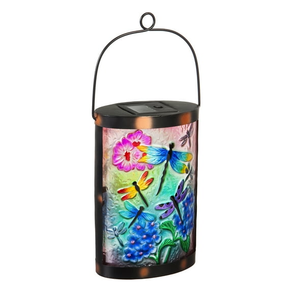 Evergreen Handpainted Solar Glass Lantern, Dragonfly Prints, 3.7'' x 5.9'' x 9.5'' inches.