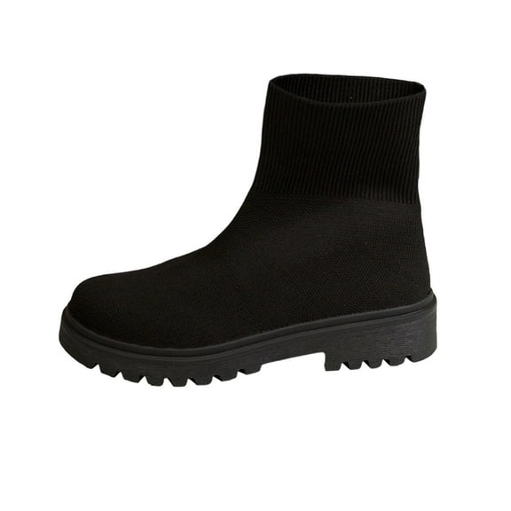 Black Women'S Knit Boots With A Stretchy Elasticized Upper Chunky Low Heel For A Snug And Stylish Fit