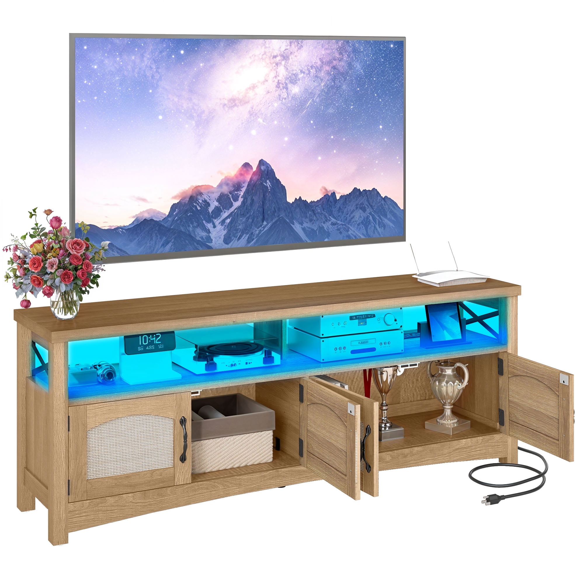 Uforic Farmhouse TV Stand for 65 inch TV, Entertainment Center with LED Light, TV Media Console Cabinet, 59" Oak