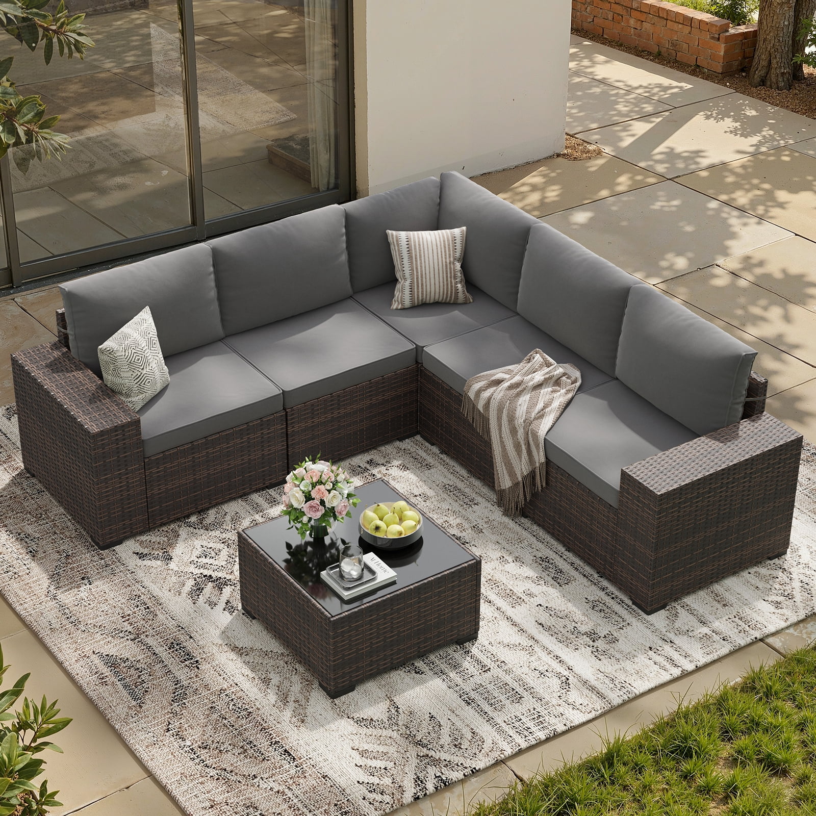 STARY 6 Pieces Outdoor Sectional Sofa with Wide Armrests, Patio Conversation Set, PE Rattan Furniture Set for Backyard, Grey