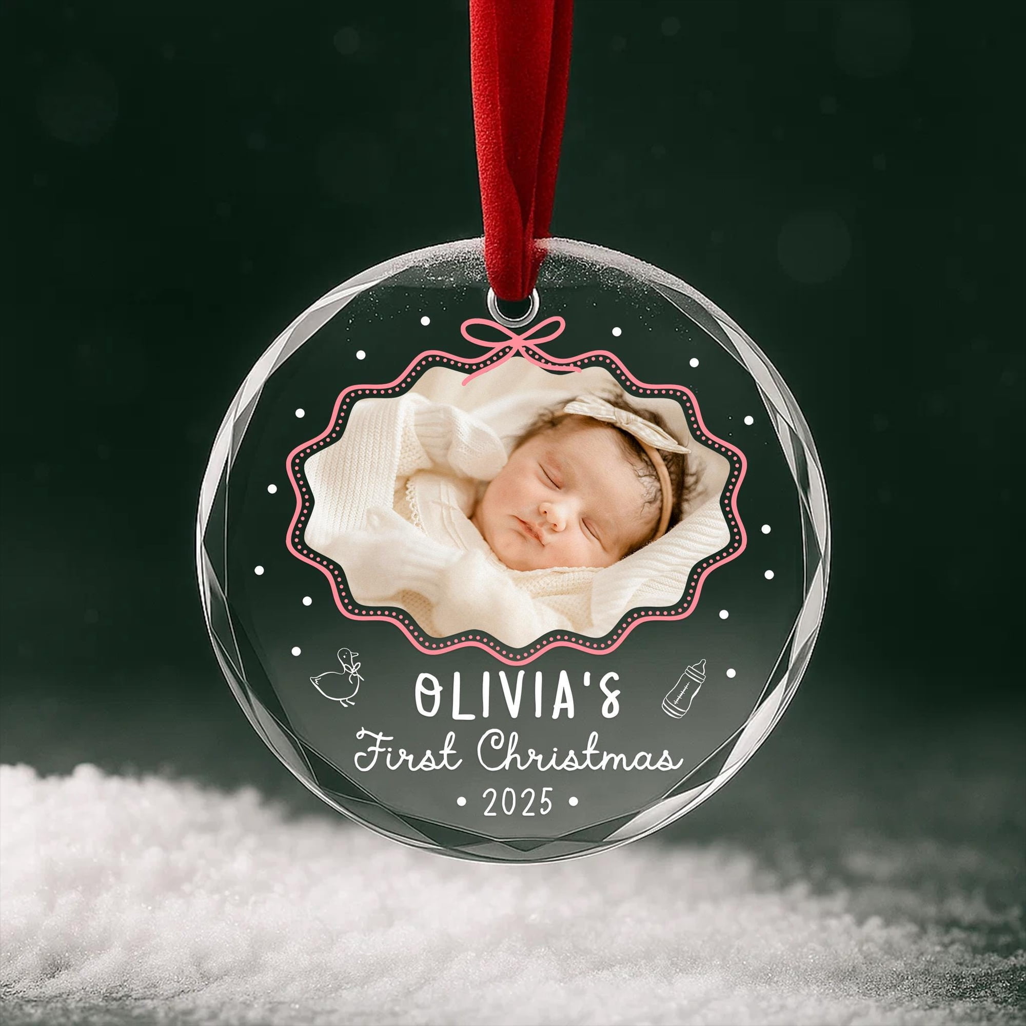 Baby’s First Christmas Photo Glass Ornament 2025 – Personalized Baby Name, Newborn Keepsake