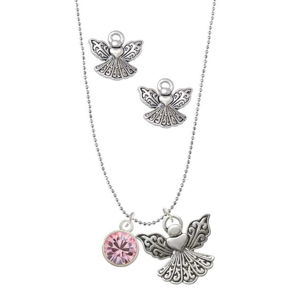 Delight Jewelry 10mm Light Pink Crystal Drop Silver tone Guardian Angel Charm Necklace and Stud Earrings