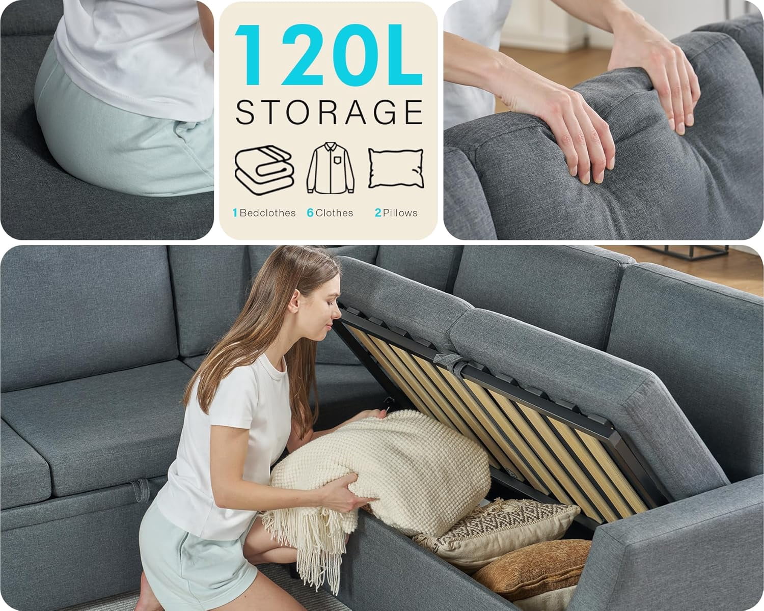 VANACC 85" L Shaped Sleeper Sofa Bed with Pull Out Bed and Storage Seat, Grey Linen Sectional Couch for Living Room Apartment