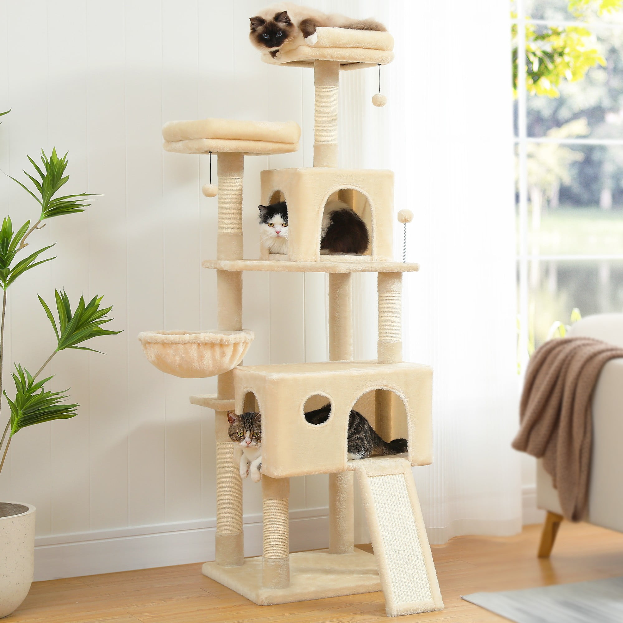 Kadyn 64" Multi-Level Cat Tree Tower for Large with Hammock, Plush Cat Condos for Indoor Cats, Beige