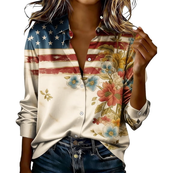 Atogsazn 4th of July Satin Silk Shirt for Women Dress Casual Button Down Long Sleeve Shirts Blouse Tops Outfit Coffee L Fashion