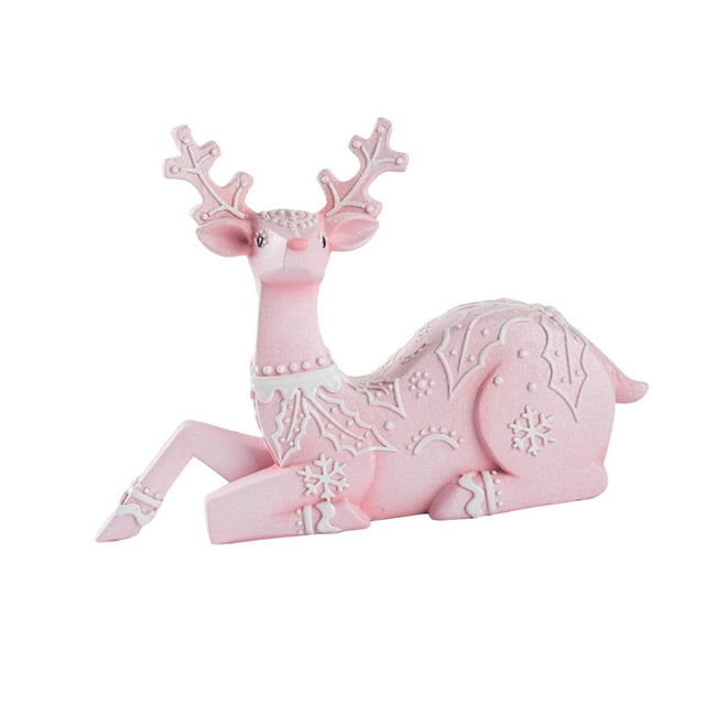 Estatua de reno navideño, escultura de ciervo, adorno coleccionable para el hogar. Sentado rosa