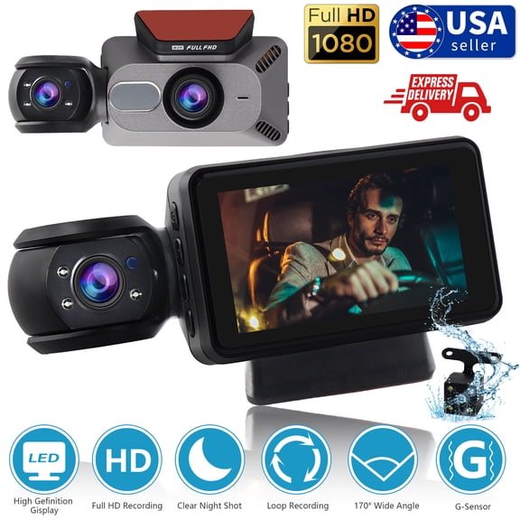 Audessy Car Dash Camera, 360° 3 Channel Dash Cam, HD 1080P Car Dash Camera, IR Night, 24 Hours Parking Mode, Loop Recording