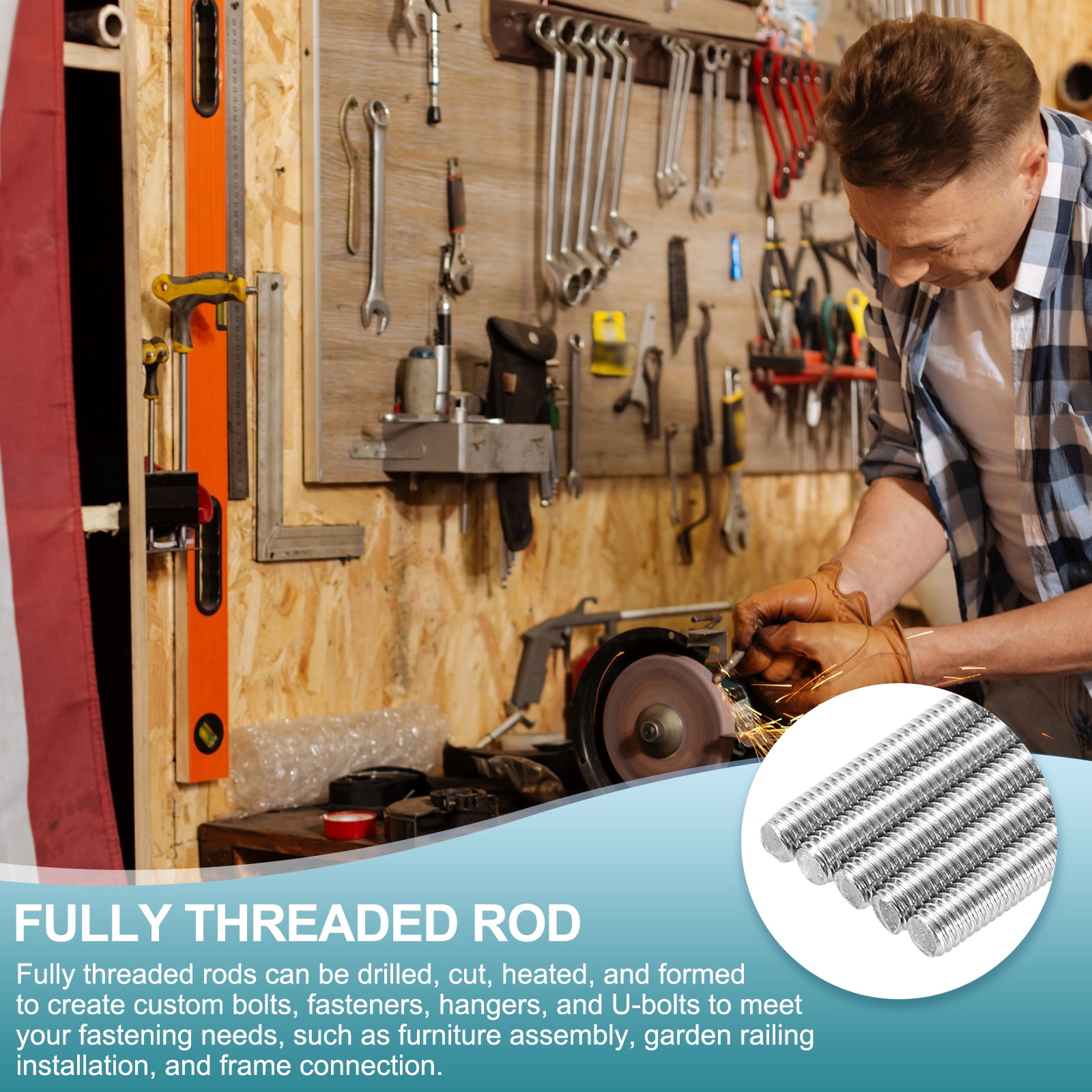 2Pcs Fully Threaded Rod, M10 x 500mm 201 Stainless Steel with Nuts Washers