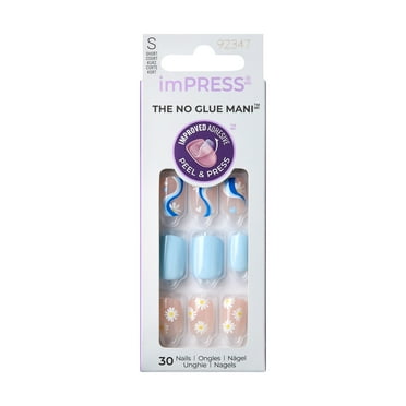 KISS imPRESS No Glue Needed Press On Nails, Design, Whistle, Blue, Short Squoval, 30 Count