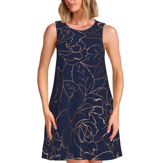 Fotbe Navy Dark Blue Vestido de Verano sin Mangas para Mujer – Vestido Midi Línea A, Estilo Camiseta Floral, Vestido Playero Casual y Fluido