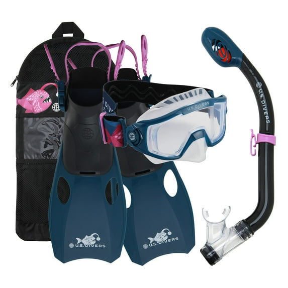U.S. Divers Avila Unisex Kids Snorkel Set - Curved 1-Window Lens, Splash Guard Snorkel, Easy Adjust Fins Buckles - Play Series | Large/X-Large Fins, (Ages 4+), Angler