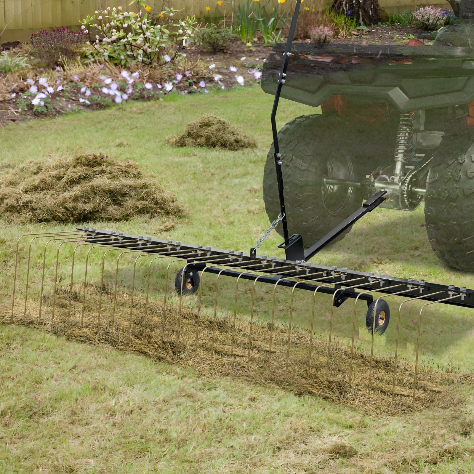 Tow-Behind Lawn Dethatcher, 60" Wide Rake – 24 Steel Tines for Grass, Leaves, Pine Needles – ATV & Mower Compatible