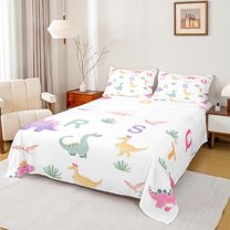 Manfei Teens Kawaii Dinosaur Queen Sheet Sets, Cute Cartoon Animal Flat Sheet, Initial A to Z Letter Queen Fitted Sheet, Microfiber Bedroom Decor, 4 Pieces