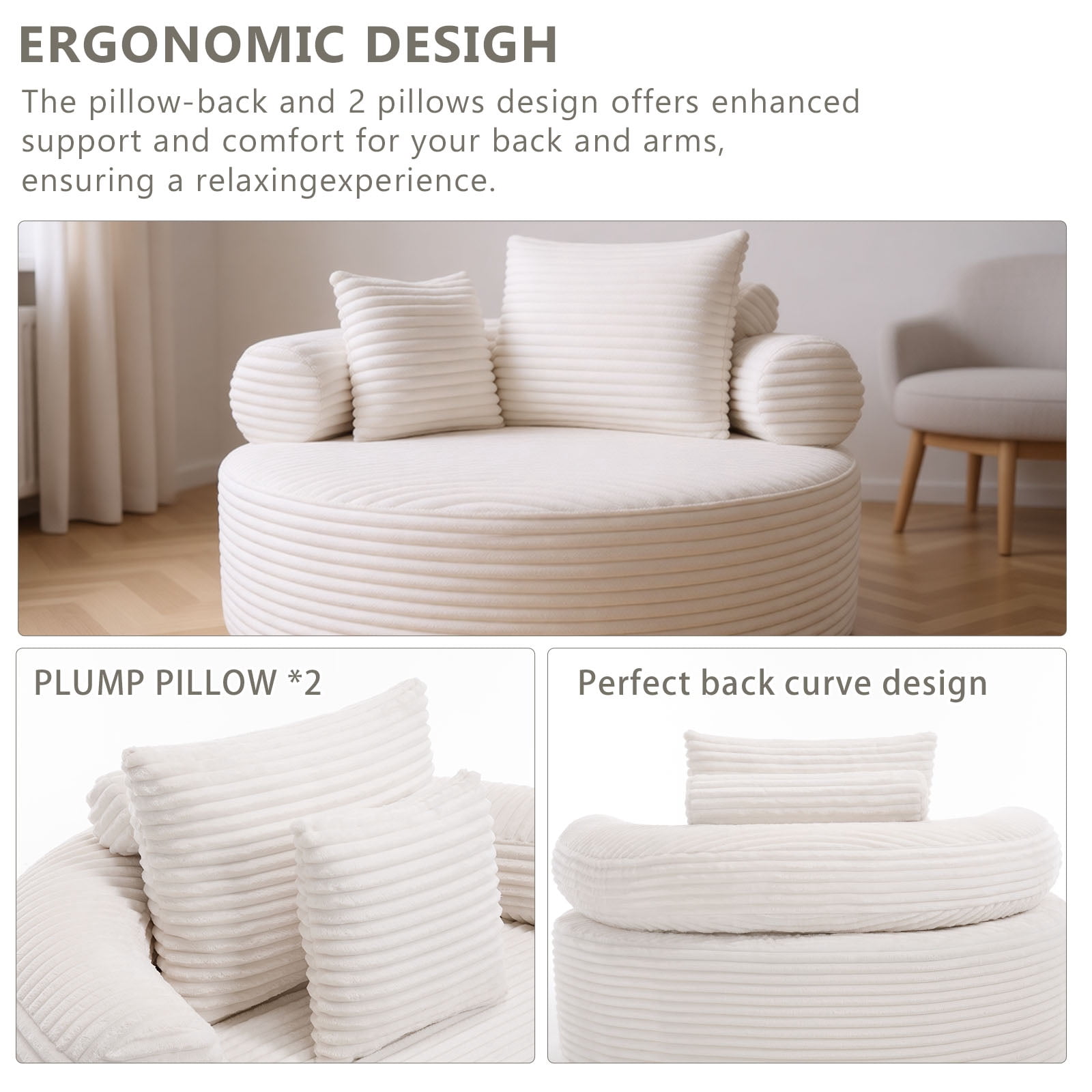 Miniyam 55.5" W Round Oversized Chaise Lounge Indoor, Modern Sleeper Sofa for Living Room, Cloud Couch with 3 Pillows, White