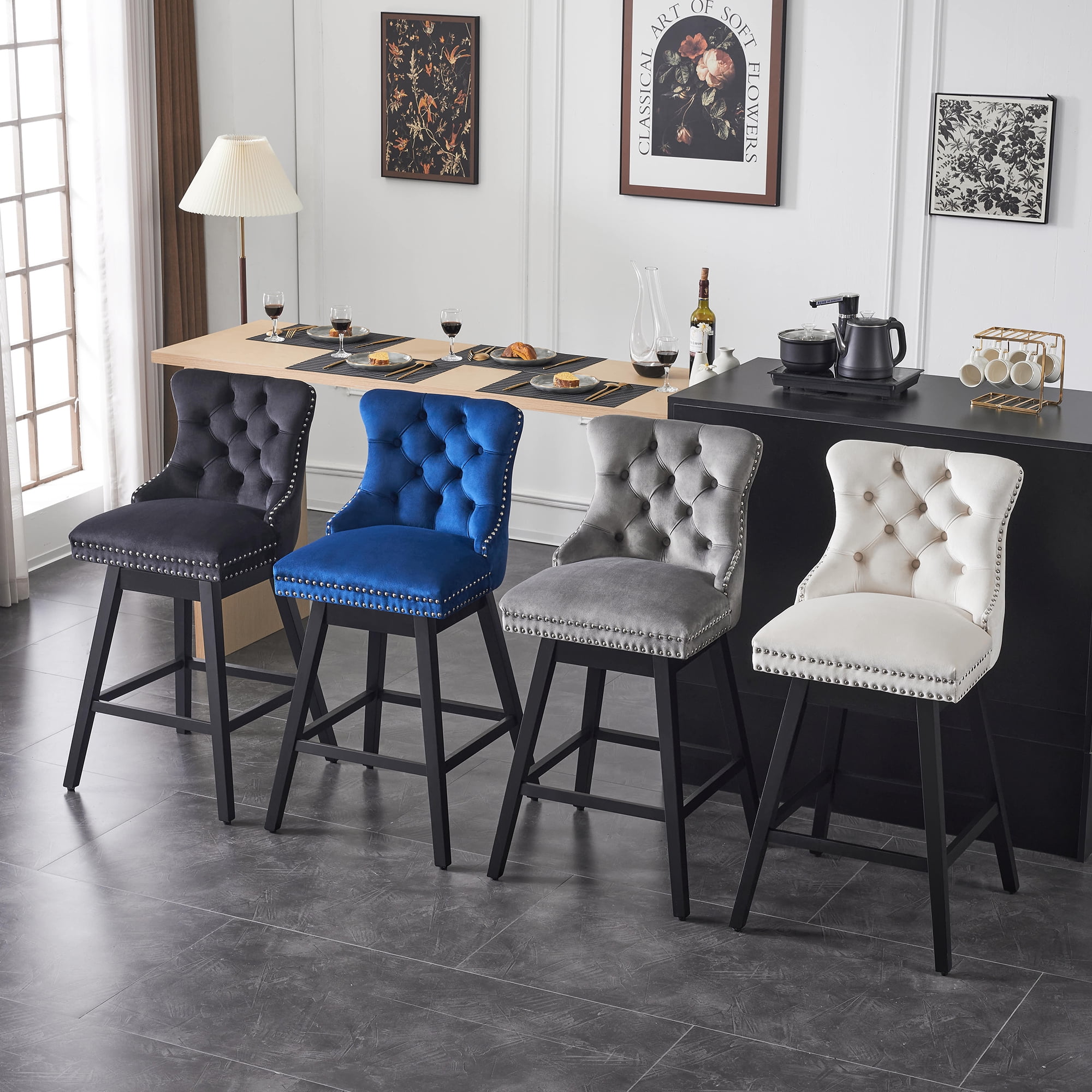 TEWLOSS Swivel Bar Stools Set of 4 - Counter Height, 26" Gray Velvet Barstools for Kitchen Island