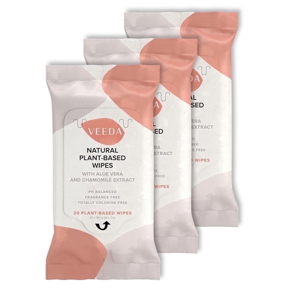 Veeda Plant-Based Feminine Intimate Wipes, pH-Balanced, Fragrance-Free, 60-Count (3x 20ct)