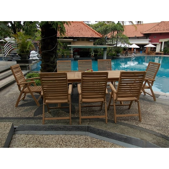 Teak Dining Set:8 Seater 9 Pc - 94" Mas Trestle Leg Rectangle Table And 8 Ashley Reclining Arm Chairs Outdoor Patio Grade-A Teak Wood WholesaleTeak #WMDSASg