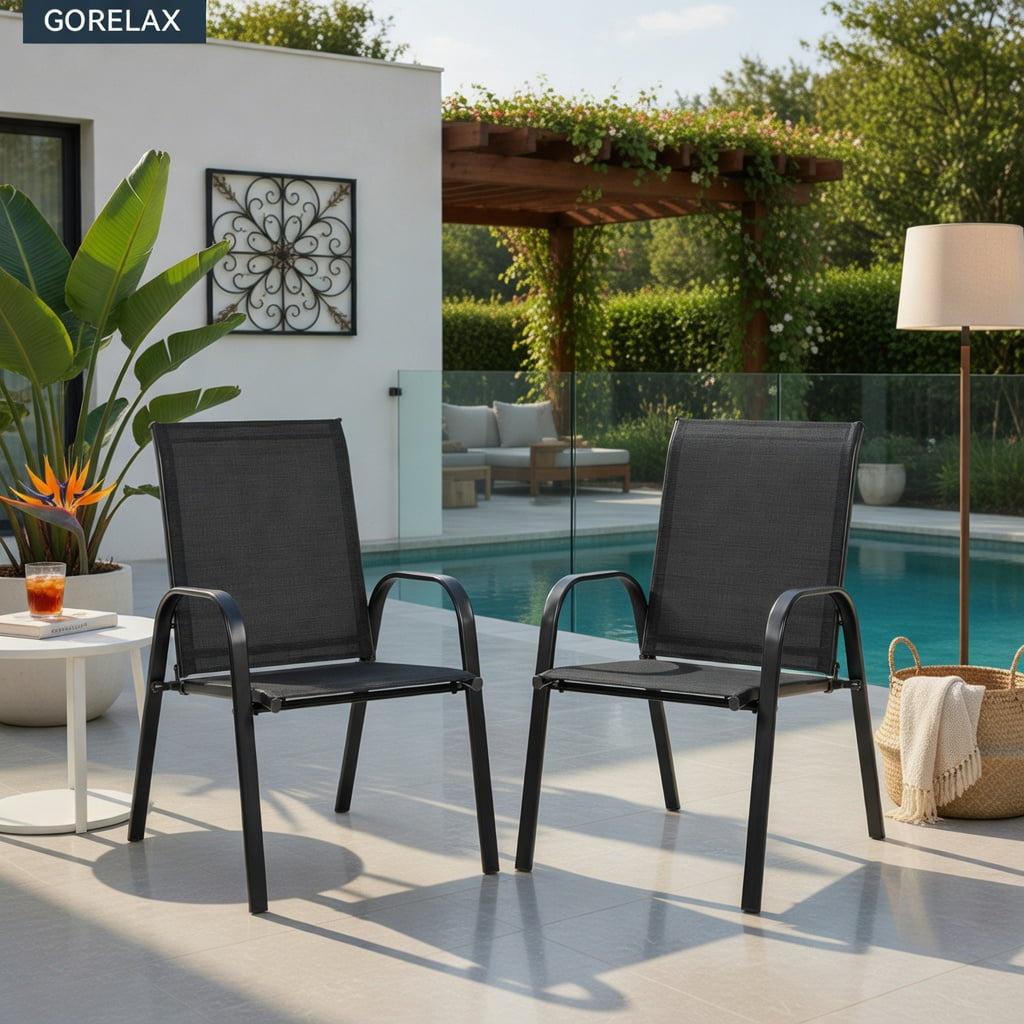 Hommoo 2-Pack Outdoor Dining Chairs with Armrests, Heavy-Duty Steel Frame, Breathable Fabric, All-Weather Patio & Balcony Seating, Black