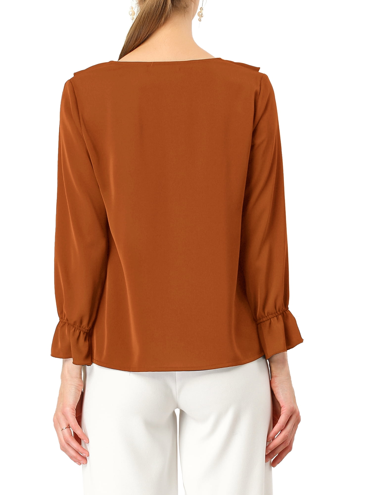 DARING DIVA Women's Ruffle V Neck Chiffon Peasant Blouse M Brown