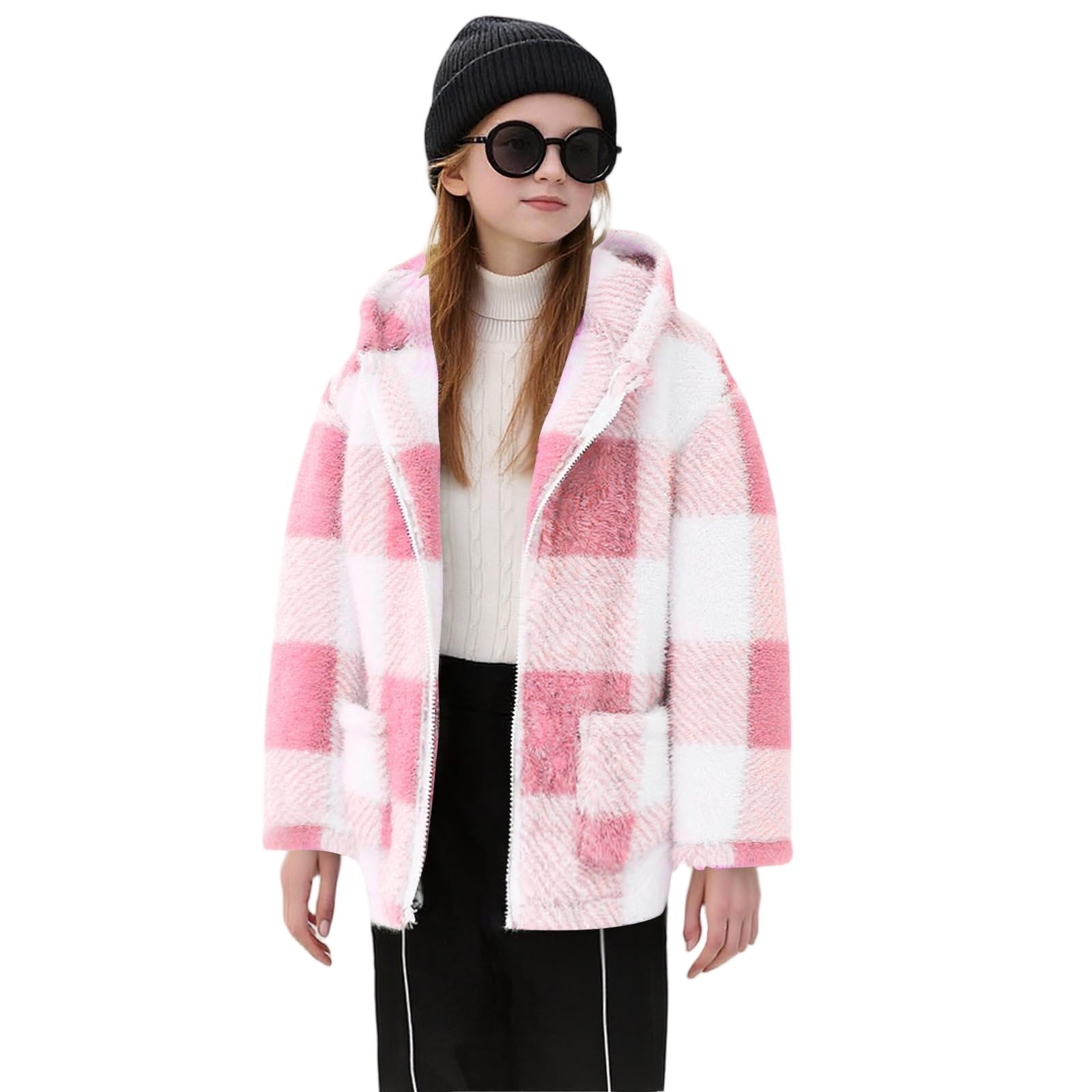 Xdegoge Girls Fleece Sherpa Jacket Plaid Fuzzy Zip Up Long Sleeve Hoodie Teen Thermal Loose Cozy Hooded Coats Tween 2025 Winter Thick Warm Outerwear With Pockets Age 8-14 Years