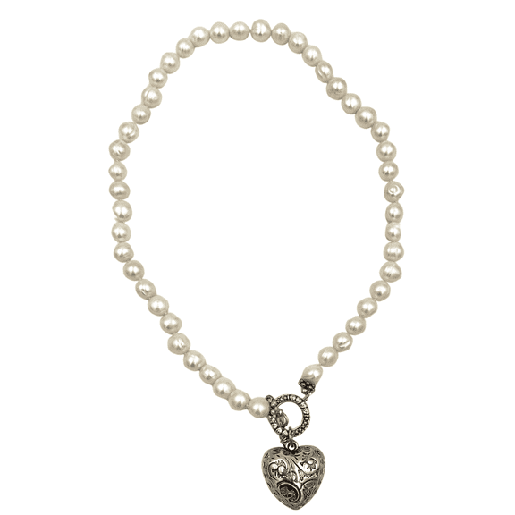 Suzannes Jewelry Silver Heart White Cultured Baroque Pearl Necklace, Thai Silver, 18 in