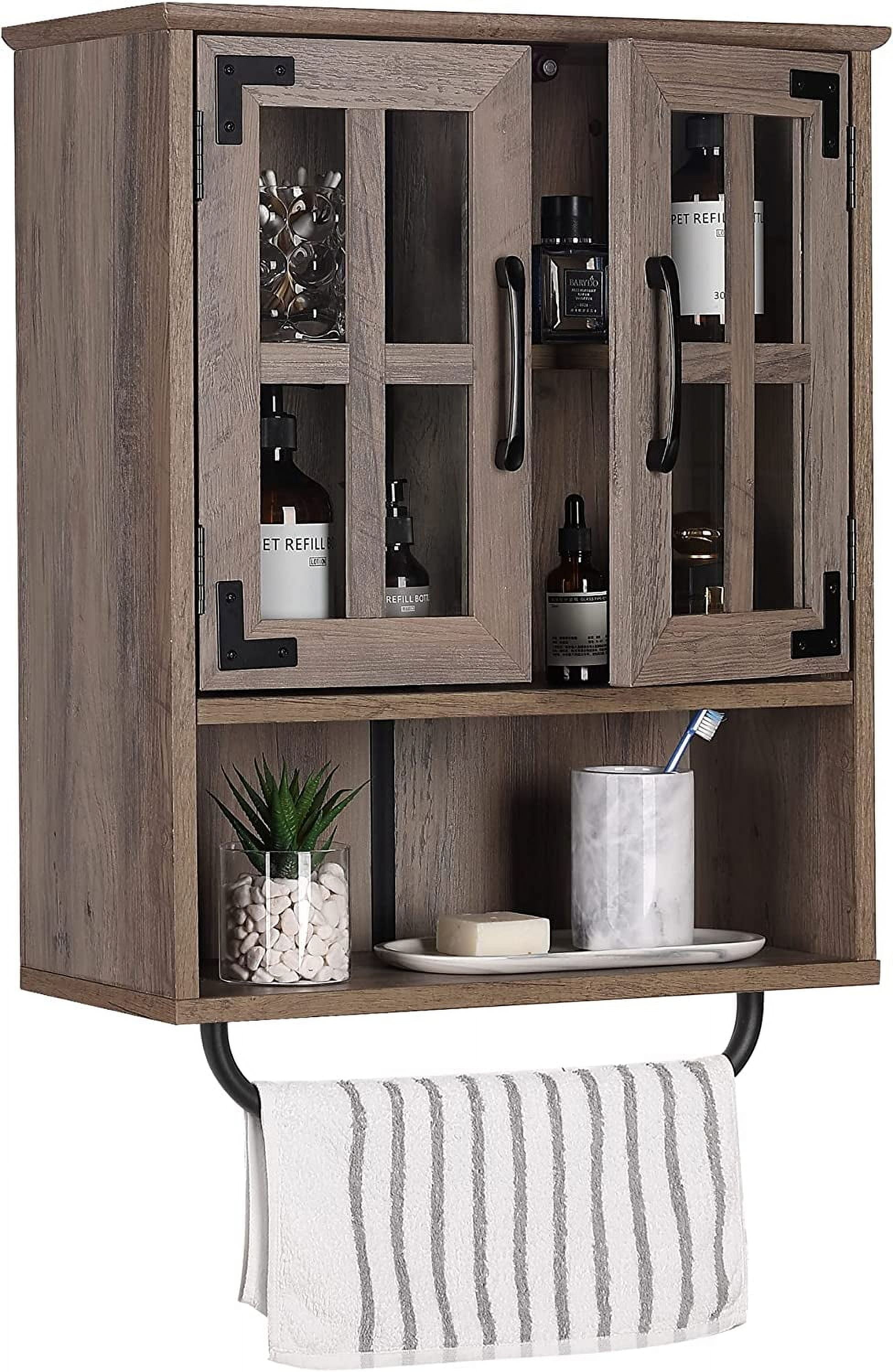 Wood Wall Storage Cabinet with Cross Glass Doors, Farmhouse Wall Mounted Cabinet, 3 Tier Rustic Bathroom Cabinet with Adjustable Shelves and Towel Bar for Bathroom, Living Room, Washed Oak
