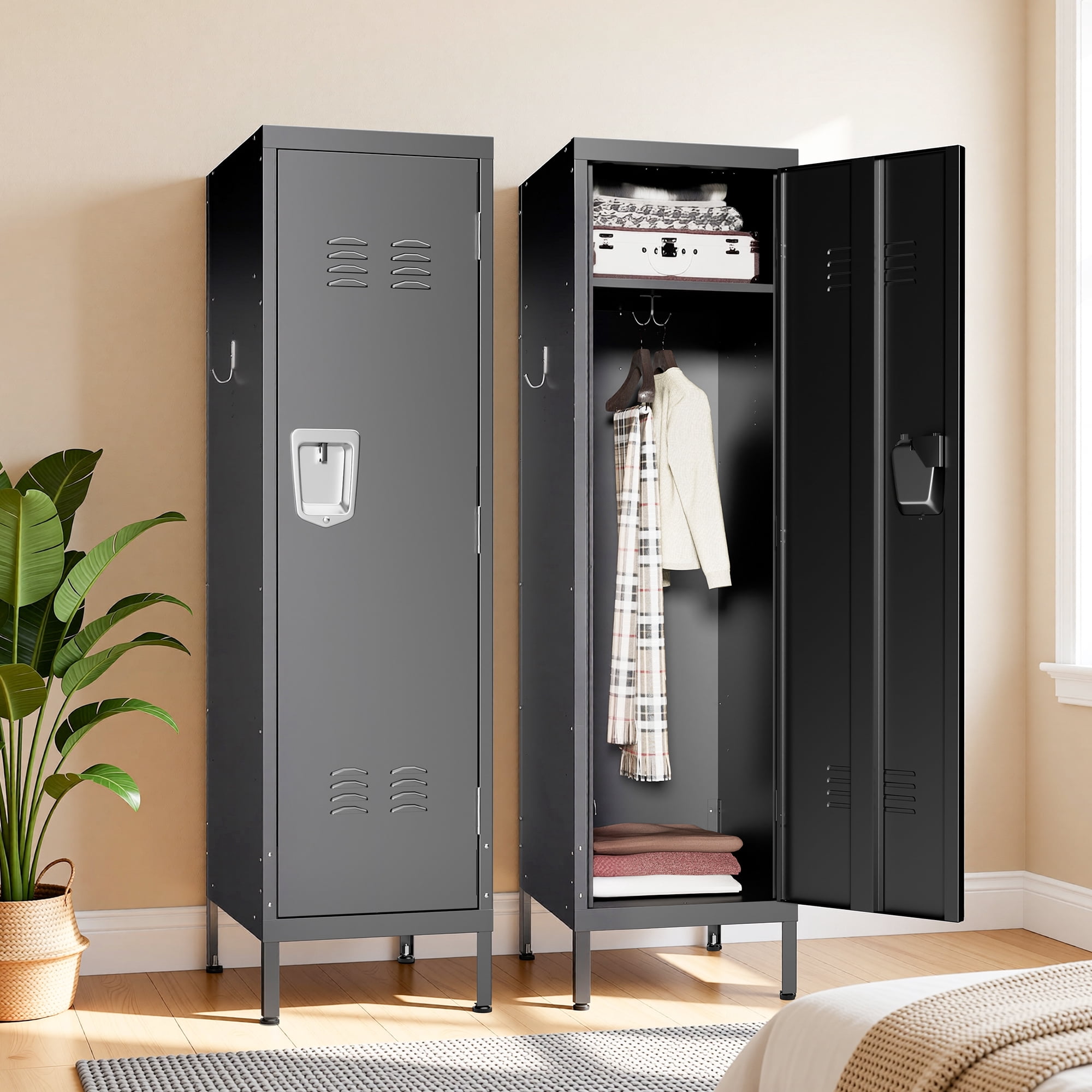 HOQBN 55" Tall Metal Wardrobe Cabinet,Waterproof Steel Clothing Storage Locker with Ventilated Door,Lock & Side Hooks,Vertical Bedroom Wardrobe for Small Apartment Home Office,Black