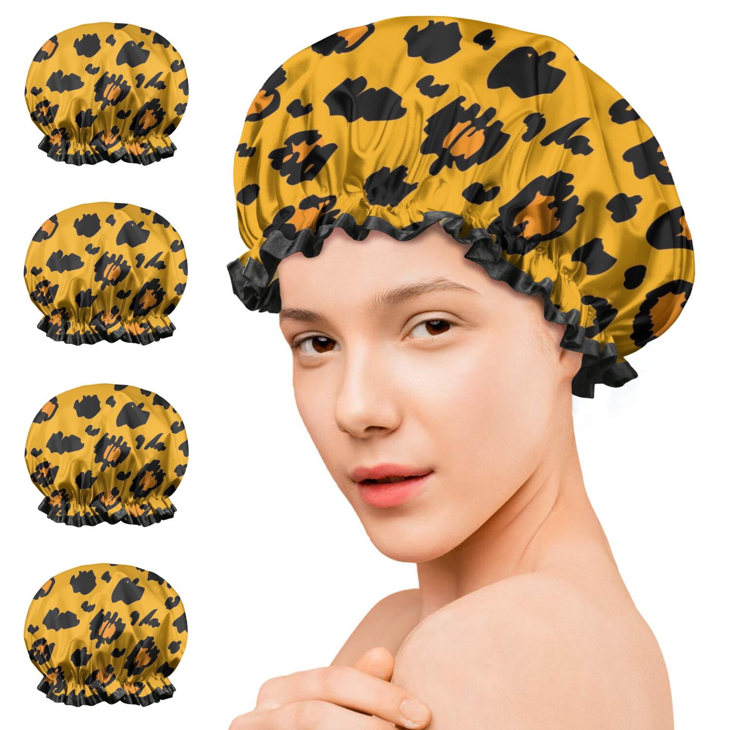Shower Caps,Yellow and Black Of Leopard Print Waterproof Shower Cap for Women 4 Pieces,Double Reusable Hair Cover for Shower PEVA Elastic Stretch Hem