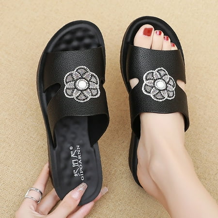 

YOUSNH 2024 New Summer Outwear Middle Aged Flat Bottom Flower Pattern Elderly Soft Sole Anti Slip Slippers Sandals for Women Black 7(38)